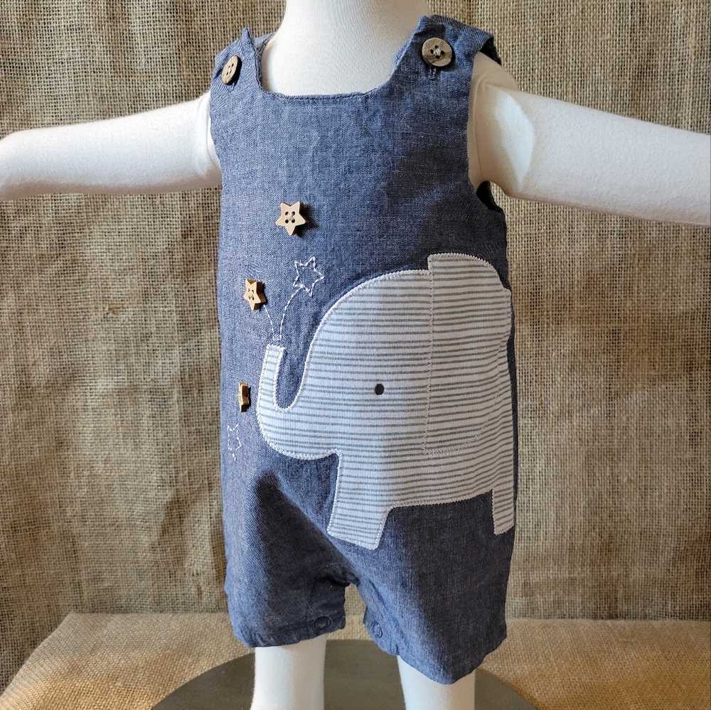 MUD PIE Blue Chambray Elephant Romper 0-3 months - Picture 2 of 6